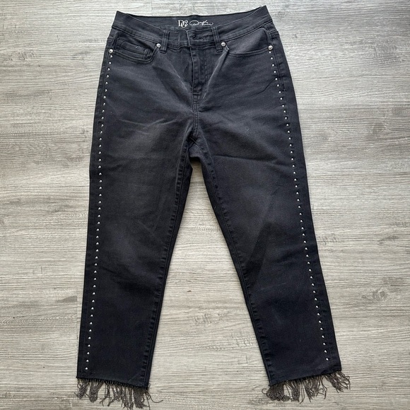 Diane Gilman Denim - DG2 Diane Gilman Embelish Side Stripe Fringe-Hem cropped Jean Black Sz 6P
